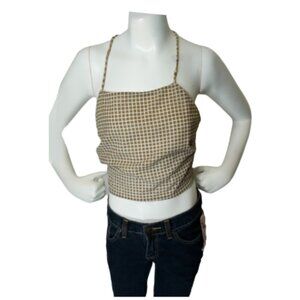 Tan/White Check Pattern Spaghetti Strap Open Back Crop Top